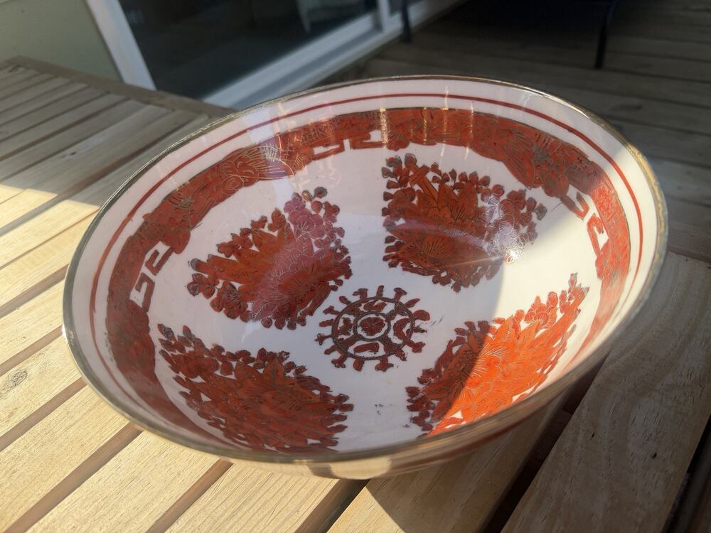 Japanese China MCM Bowl - Porcelain Hand Painted Red/Orange Gold Floral 10”
